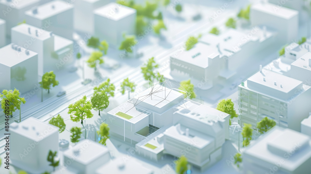 A high-angle view of a meticulously crafted white architectural model of a city with green spaces and tree-lined streets. A high-angle view of a meticulously crafted white architectural model of a city with green spaces and tree-lined streets.