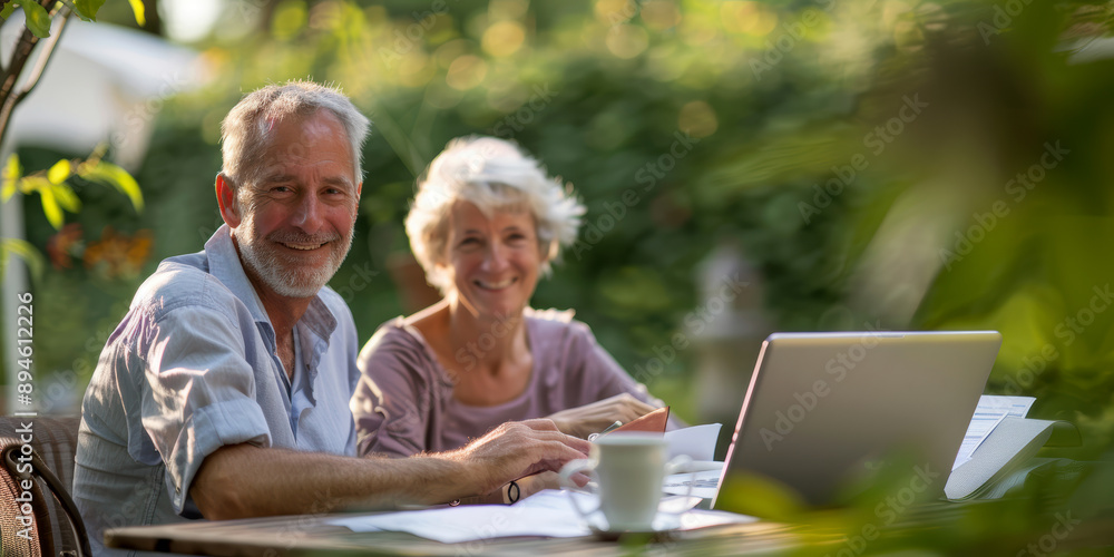 A couple of 60-year-olds sitting in front of a laptop. AI generative.