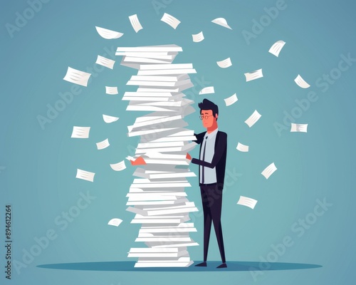 Office man handling a stack of papers, office workload, management and productivity