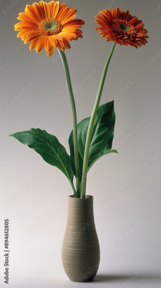 two orange gerbera daisies in a simple vase on a neutral background