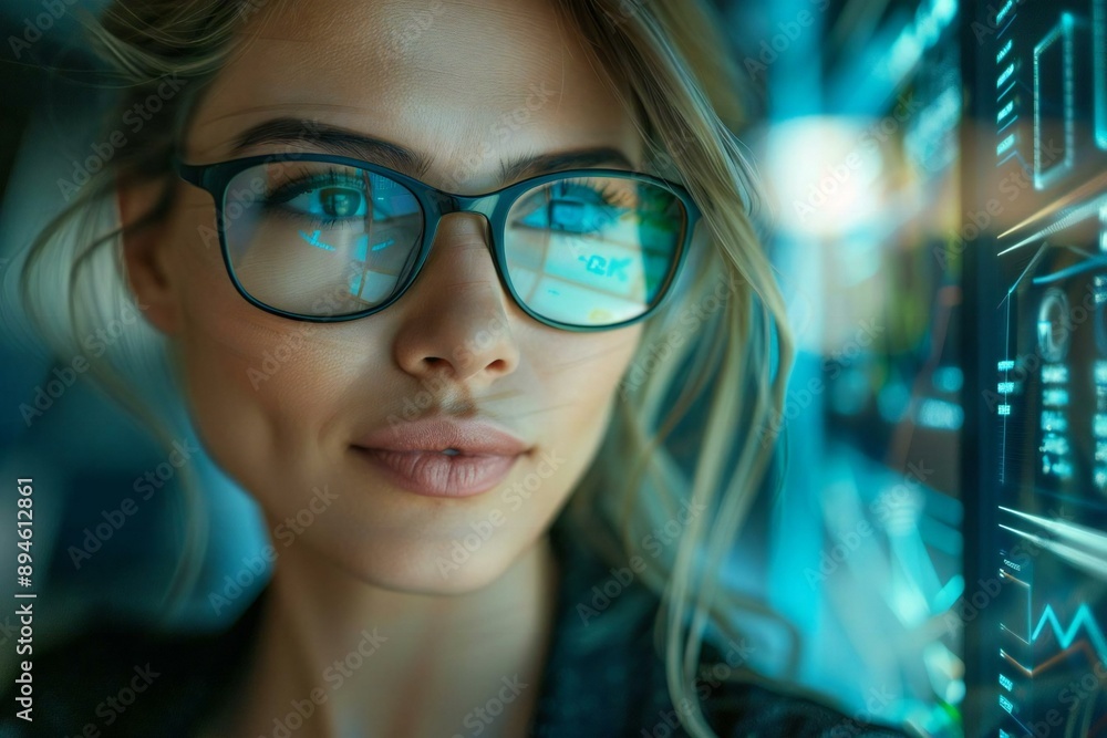 Close-up Of A Beautiful Businesswoman Using Holographic Screens for Online Banking in Futuristic Office Setting. Close-up Of A Beautiful Businesswoman Using Holographic Screens for Online Banking in Futuristic Office Setting.