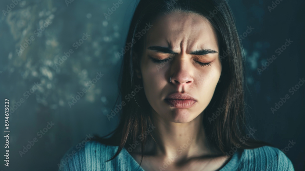 A woman with closed eyes shows an intense expression of emotion, captured in a dramatic, moody lighting. A woman with closed eyes shows an intense expression of emotion, captured in a dramatic, moody lighting.