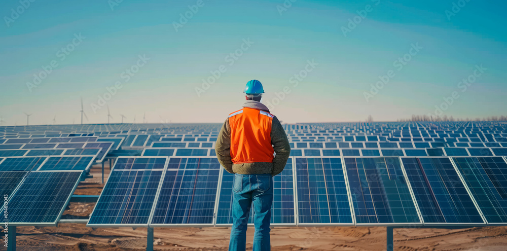 Engineer in a blue hard hat and orange safety vest inspecting a solar farm. Concept of renewable energy, solar power, and sustainable technology. Outdoor photography Engineer in a blue hard hat and orange safety vest inspecting a solar farm. Concept of renewable energy, solar power, and sustainable technology. Outdoor photography