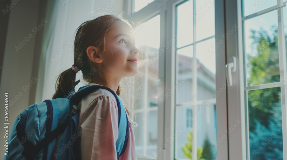 A beaming girl with braided hair looks out from a sunlit window, her backpack on, ready for a day filled with new experiences. A beaming girl with braided hair looks out from a sunlit window, her backpack on, ready for a day filled with new experiences.