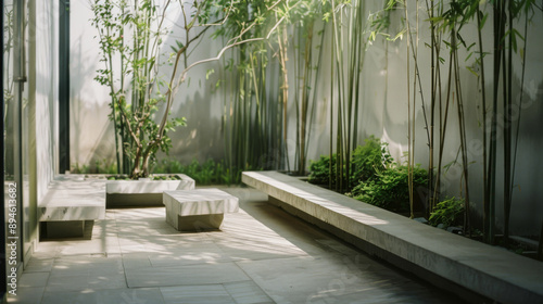 Sunlit courtyard with modern stone benches among bamboo, creating a calming, minimalist outdoor retreat. © VK Studio