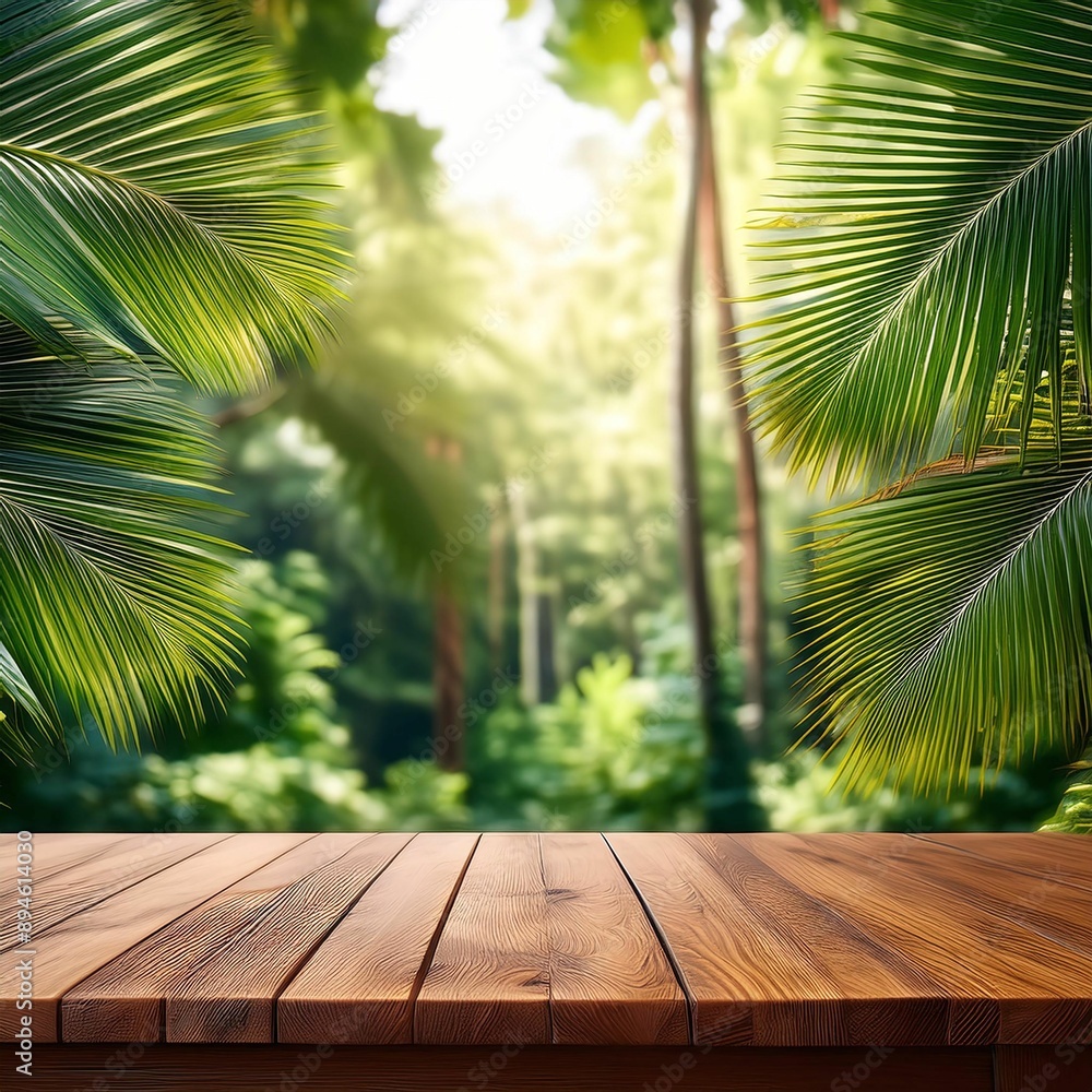 Fototapeta premium Wooden Table with Tropical Forest Background for Product Placement