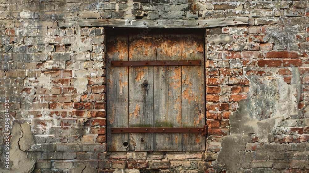 An aged brick wall with a boarded window perfect for customization An aged brick wall with a boarded window perfect for customization