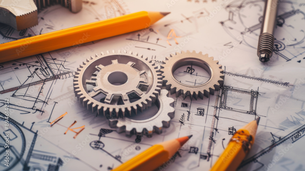 Technical drawings, interspersed with two metal gears and bright yellow pencils, suggest the meticulous planning of an engineering project. Technical drawings, interspersed with two metal gears and bright yellow pencils, suggest the meticulous planning of an engineering project.