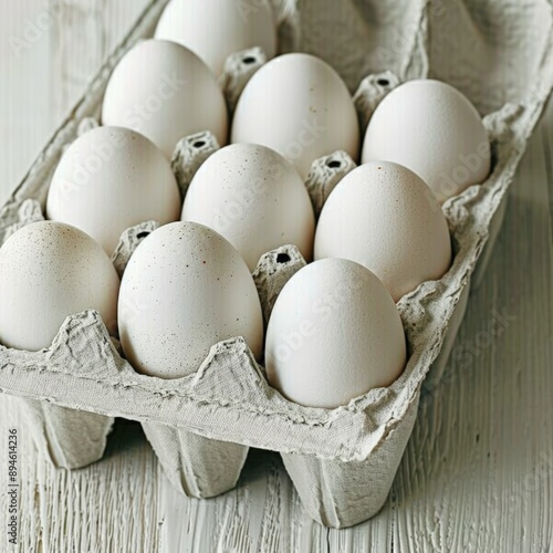 white eggs neatly placed in a carton on a light wooden background photo