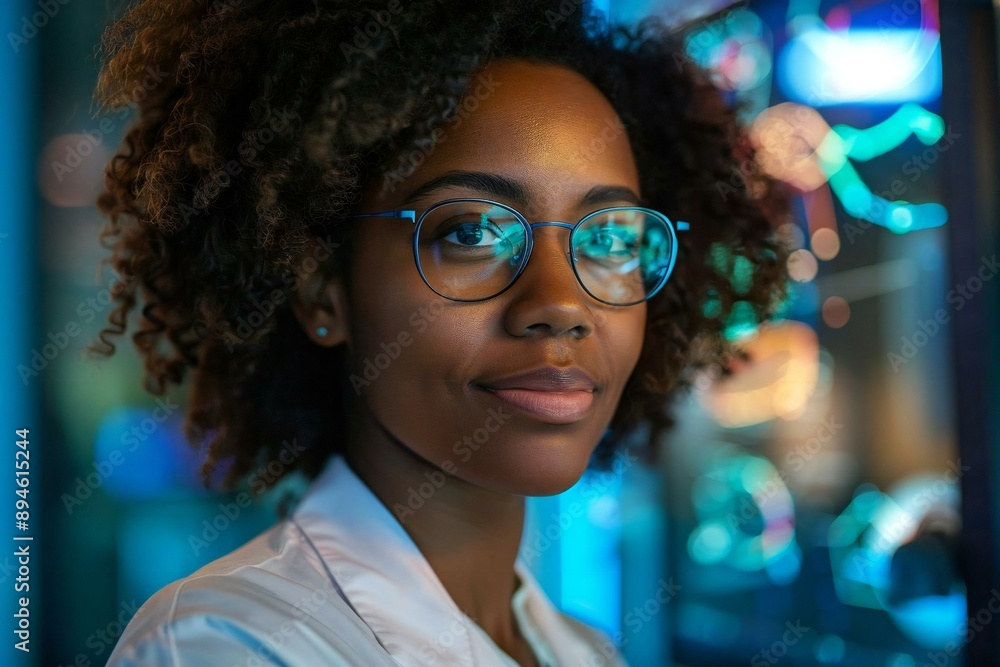 In a futuristic optometry clinic, a beautiful African American patient with glasses has their vision tested by an AI-powered phoropter as a holographic screen displays their results. In a futuristic optometry clinic, a beautiful African American patient with glasses has their vision tested by an AI-powered phoropter as a holographic screen displays their results.