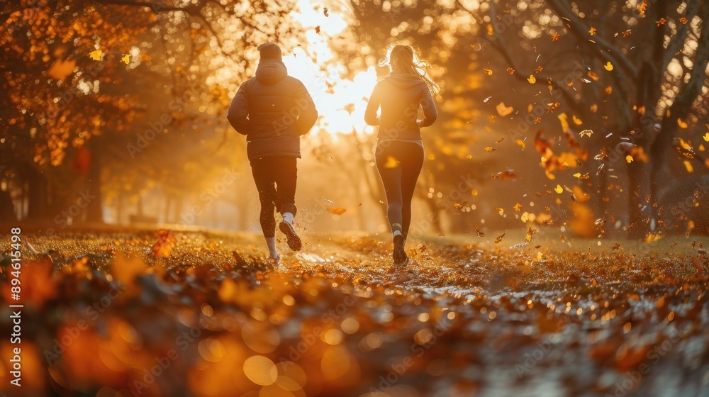 Couple Running Through Park with Falling Leaves Couple Running Through Park with Falling Leaves