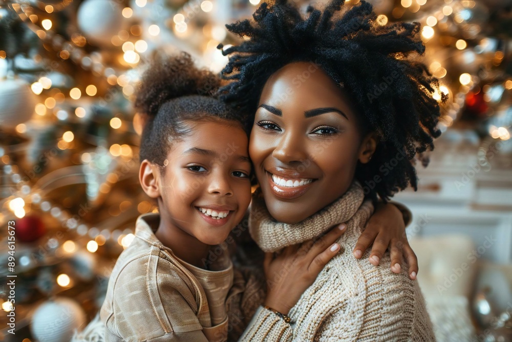 Beautiful African American mother and daughter using advanced holographic technology to capture a futuristic selfie at home. Beautiful African American mother and daughter using advanced holographic technology to capture a futuristic selfie at home.