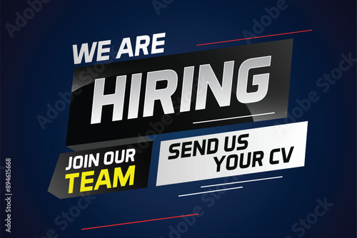 Hiring recruitment design for banner poster. We are hiring lettering with geometric shapes lines. Vector illustration typographic. Open vacancy design template

