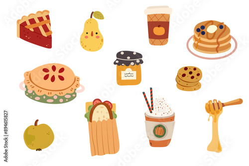 Autumn set of vector hand-drawn icons. Autumn cozy sticker. Set of autumn forest plants, forest animals, autumn products and food, knitted sweaters, raincoat and umbrella