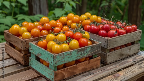 Freshly picked assorted colorful tomatoes displayed in rustic wooden crates.