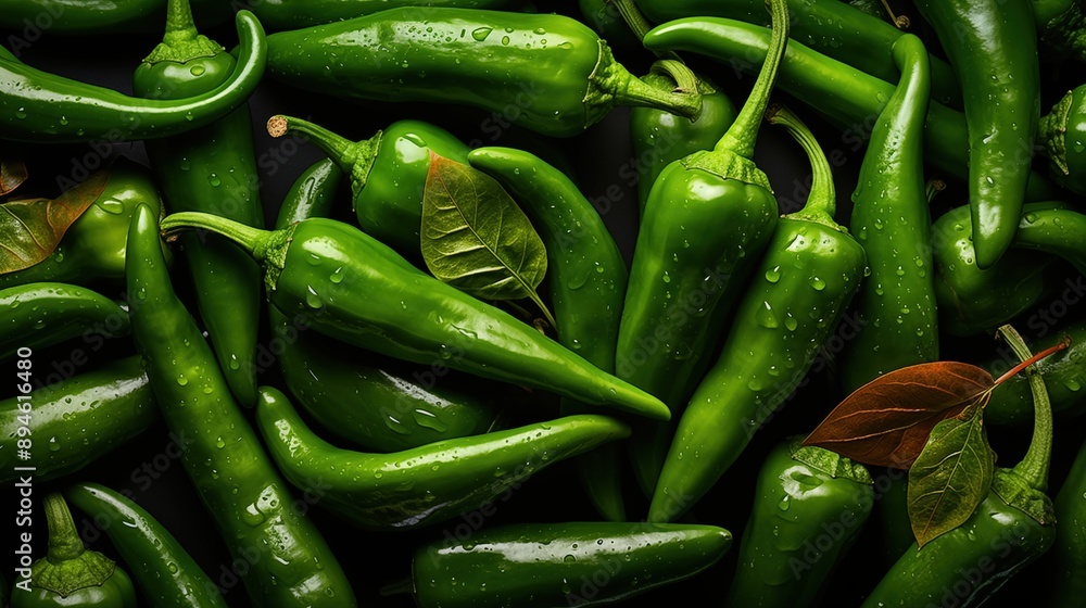 A close-up view of fresh green chili peppers with water droplets on them, scattered on a dark surface. Some leaves are also visible among the peppers, adding a touch of color.