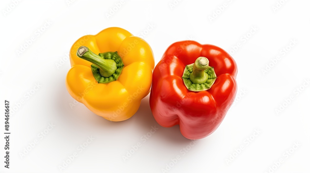 A vibrant yellow and red bell pepper placed side by side on a white background. The peppers are fresh, showcasing their glossy skin and natural shapes, with green stems attached. A vibrant yellow and red bell pepper placed side by side on a white background. The peppers are fresh, showcasing their glossy skin and natural shapes, with green stems attached.