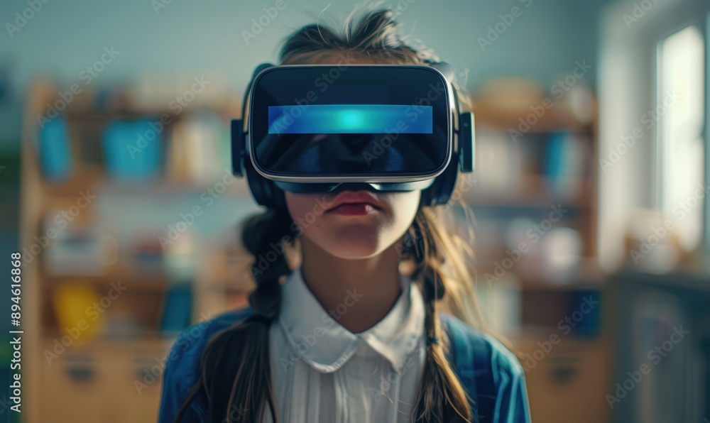 School student with VR headset using AI artificial intelligence technology & machine learning.Interactive technology in classroom. Innovation & smart tech School student with VR headset using AI artificial intelligence technology & machine learning.Interactive technology in classroom. Innovation & smart tech