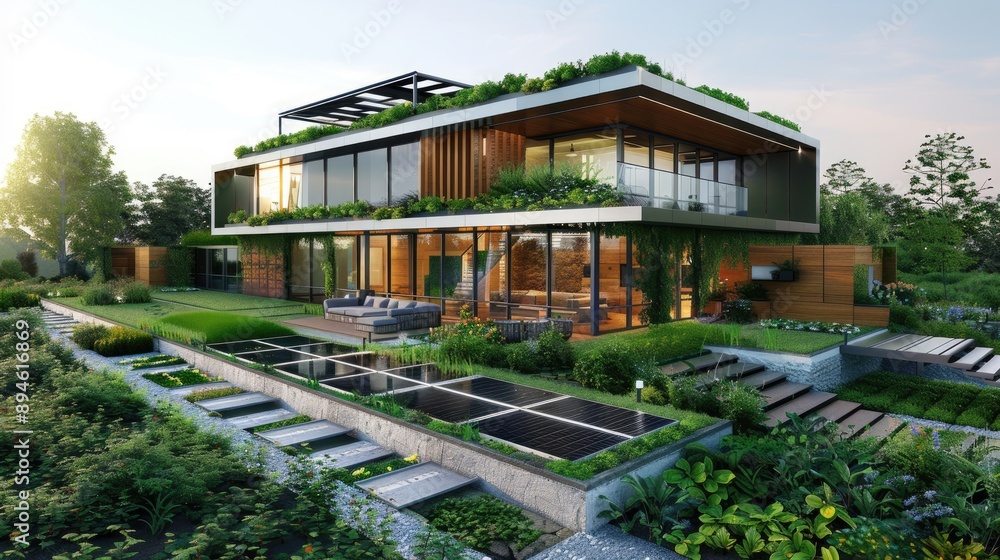 Fototapeta premium A modern eco-home with a green roof, large solar panels, and a sustainable garden with rainwater harvesting systems.