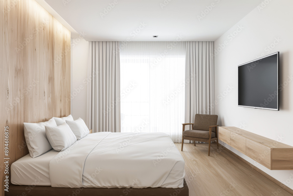 Fototapeta premium Modern hotel room interiors in neutral colors with a bed placed next to a large window. Commercial interior design composition.