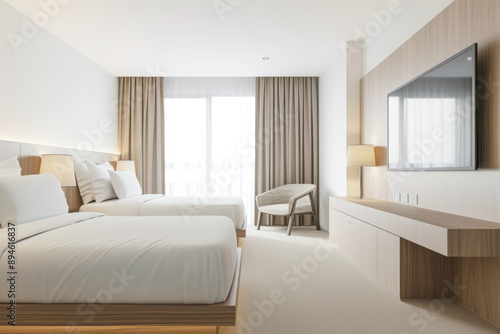Modern hotel room interiors in neutral colors with a bed placed next to a large window. Commercial interior design composition.