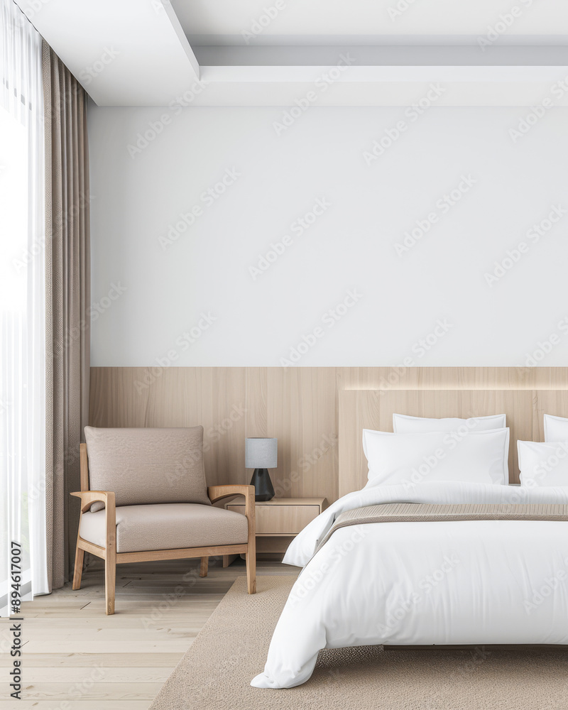 Fototapeta premium Modern hotel room interiors in neutral colors with a bed placed next to a large window. Commercial interior design composition.