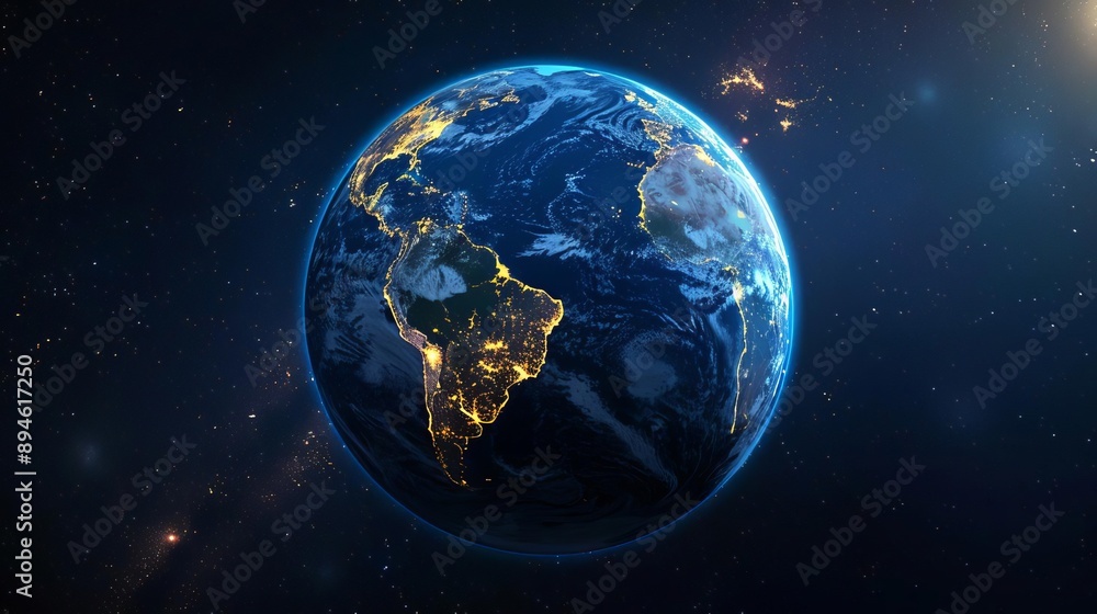 Fototapeta premium Earth illuminated by city lights at night, Earth at night lights, urban glow from space
