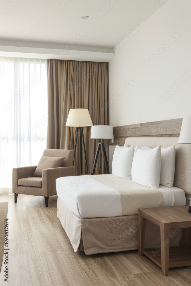 Fototapeta premium Modern hotel room interiors in neutral colors with a bed placed next to a large window. Commercial interior design composition.
