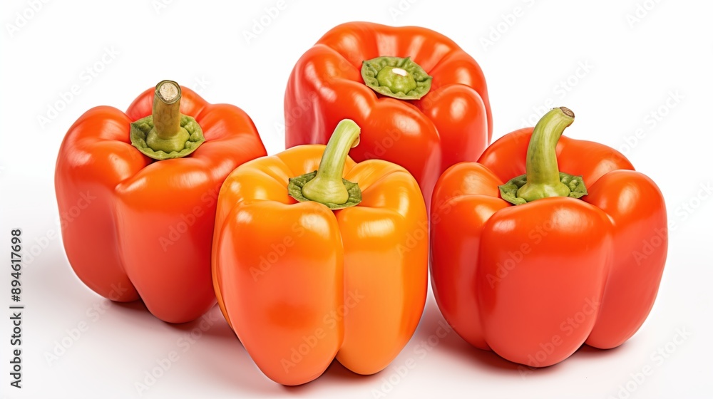 Four colorful bell peppers, including shades of red and orange, arranged on a white background. Four colorful bell peppers, including shades of red and orange, arranged on a white background.