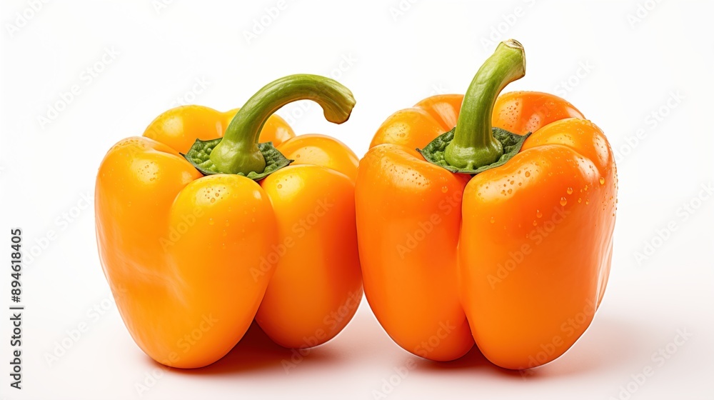 Two fresh yellow bell peppers with green stems, placed side by side on a white background. The peppers are shiny and appear to be freshly washed, showcasing their vibrant color and smooth texture. Two fresh yellow bell peppers with green stems, placed side by side on a white background. The peppers are shiny and appear to be freshly washed, showcasing their vibrant color and smooth texture.