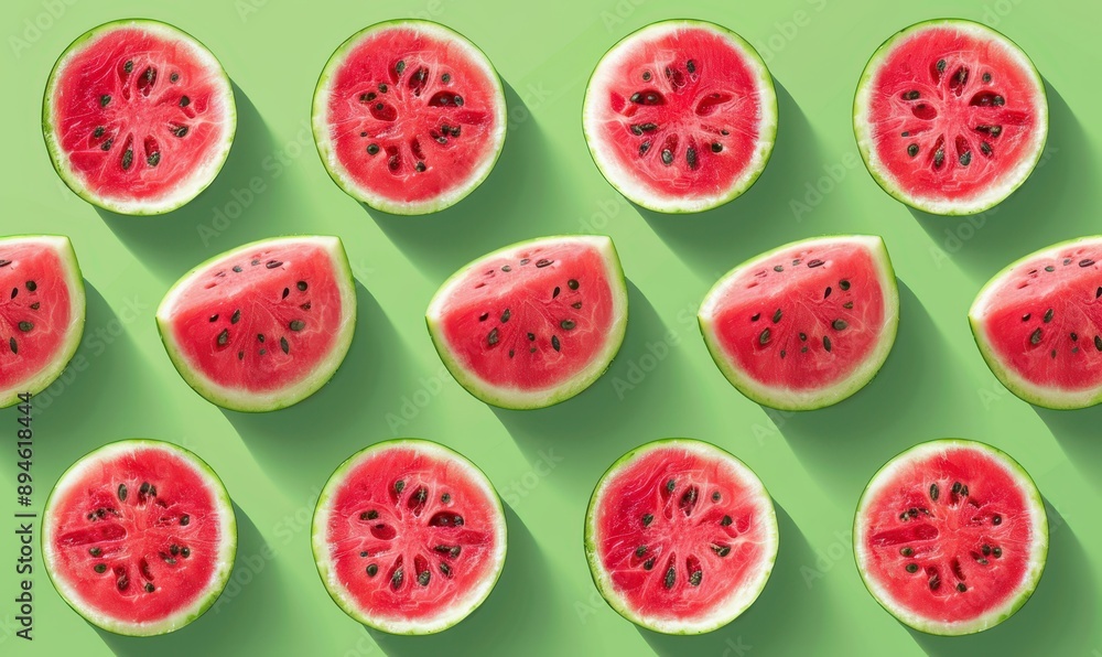 watermelon fruit illustration background pattern. Juicy and healthy summer food diet, half cut slice circles, green color backdrop watermelon fruit illustration background pattern. Juicy and healthy summer food diet, half cut slice circles, green color backdrop