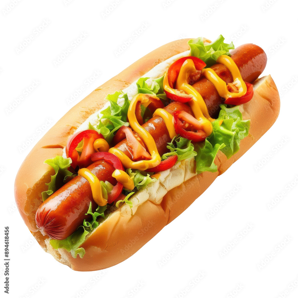 A hot dog with mustard and peppers on a bun A hot dog with mustard and peppers on a bun