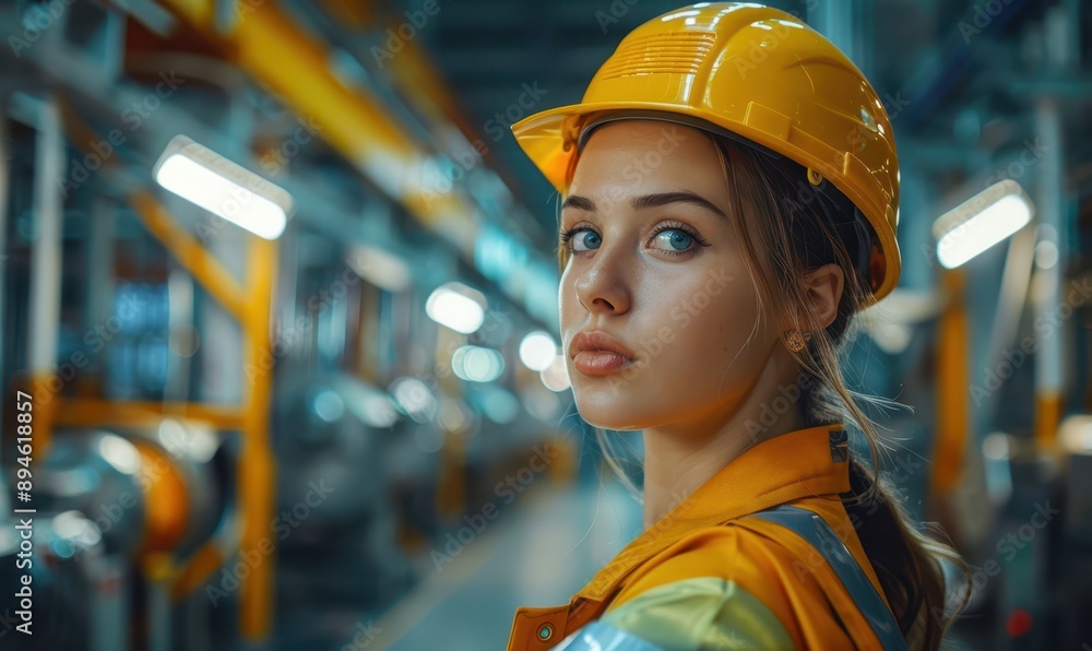 Worker or engineer woman wearing a security hemet working in a modern high tech factory with a phone,controlling automation in industry, human working with automated machines Worker or engineer woman wearing a security hemet working in a modern high tech factory with a phone,controlling automation in industry, human working with automated machines