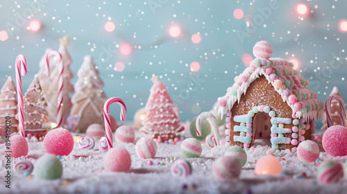 Whimsical Pastel Christmas Candy Land with Gingerbread House and Soft Snowfall