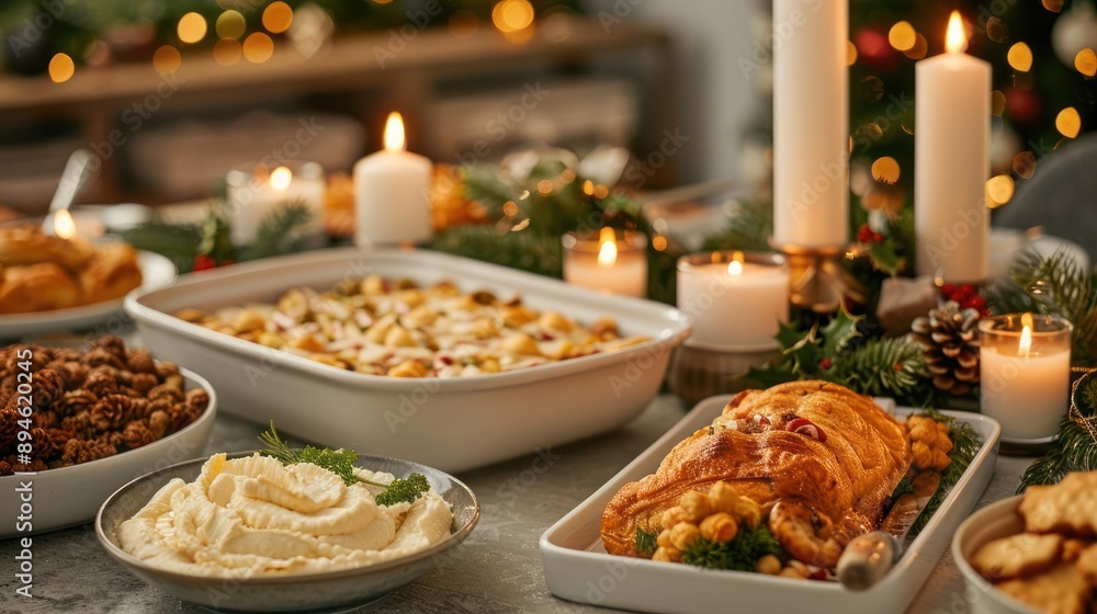A festive holiday dinner table decorated with candles and various delicious dishes, creating a warm and cozy atmosphere. A festive holiday dinner table decorated with candles and various delicious dishes, creating a warm and cozy atmosphere.