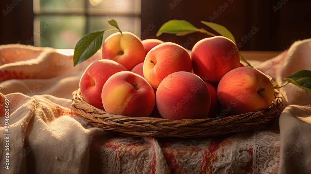 A basket filled with fresh peaches, resting on a textured cloth. The peaches are vibrant and ripe, with a soft glow from natural light. A basket filled with fresh peaches, resting on a textured cloth. The peaches are vibrant and ripe, with a soft glow from natural light.