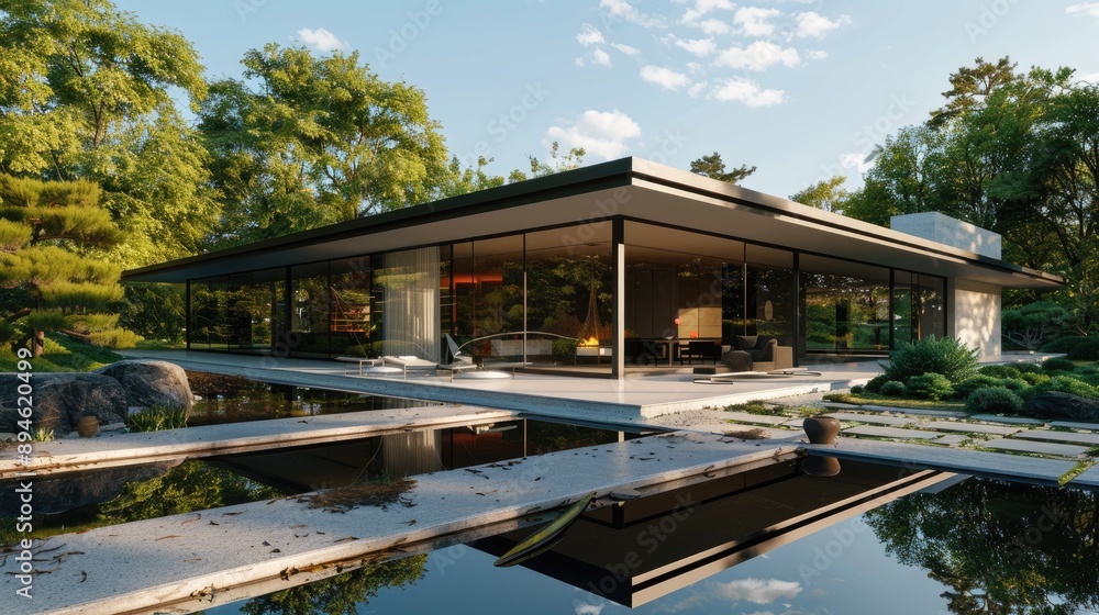 A modernist home with a flat roof, large glass panels, and a minimalist garden with a reflecting pool and zen elements. A modernist home with a flat roof, large glass panels, and a minimalist garden with a reflecting pool and zen elements.
