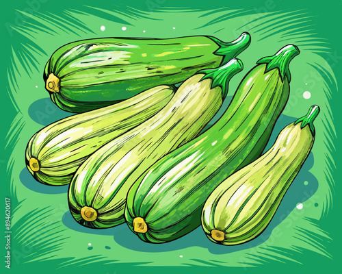 illustration Vector of zucchini, green field background, hand drawn vegetabes and fruit cartoon