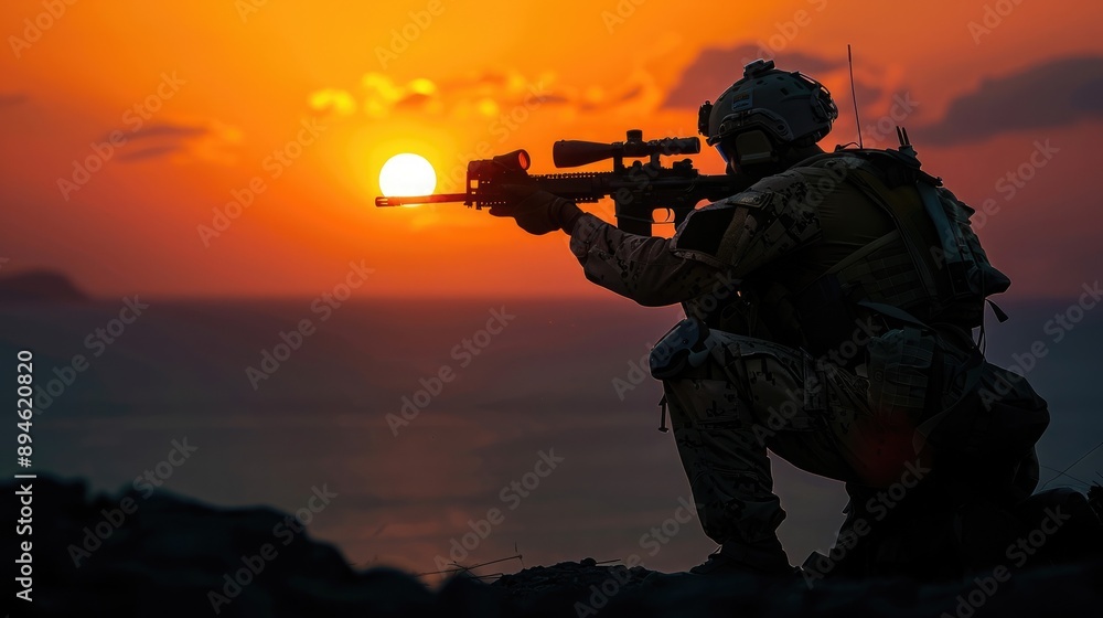 Soldier with a sniper rifle in a combat pose during a beautiful sunset by the sea, showcasing determination and strength. Soldier with a sniper rifle in a combat pose during a beautiful sunset by the sea, showcasing determination and strength.