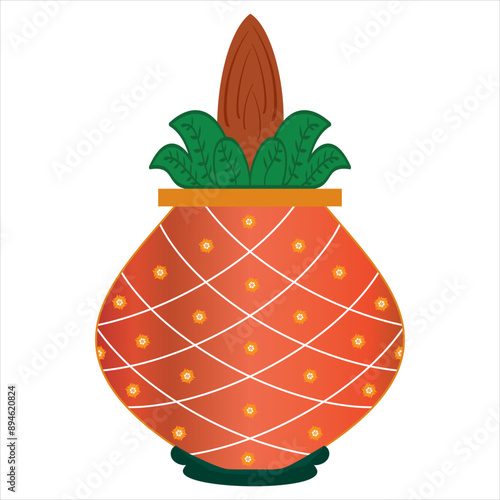 Stylish Kalash Vector.Traditional clay Kalash isolated on white. Hindu and Jain ritual element for puja. Sacral symbol of abundance, wisdom, and immortality. Vector illustration.
