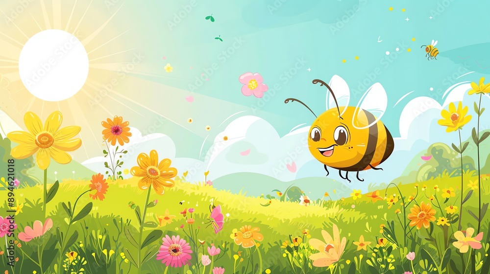 A cartoon bee flying over a meadow of flowers in the sunshine. A cartoon bee flying over a meadow of flowers in the sunshine.