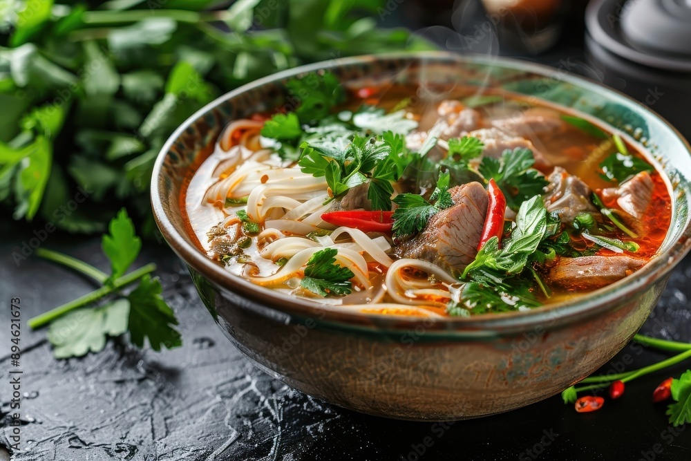 Futuristic Backdrop of Simmering Thai Noodle Soup with Tender Meat and Vibrant Herbs Futuristic Backdrop of Simmering Thai Noodle Soup with Tender Meat and Vibrant Herbs