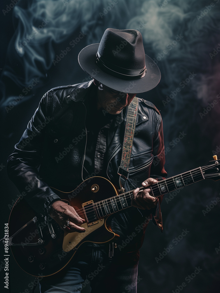 man in leather jacket and hat playing electric guitar on black background with smoke man in leather jacket and hat playing electric guitar on black background with smoke