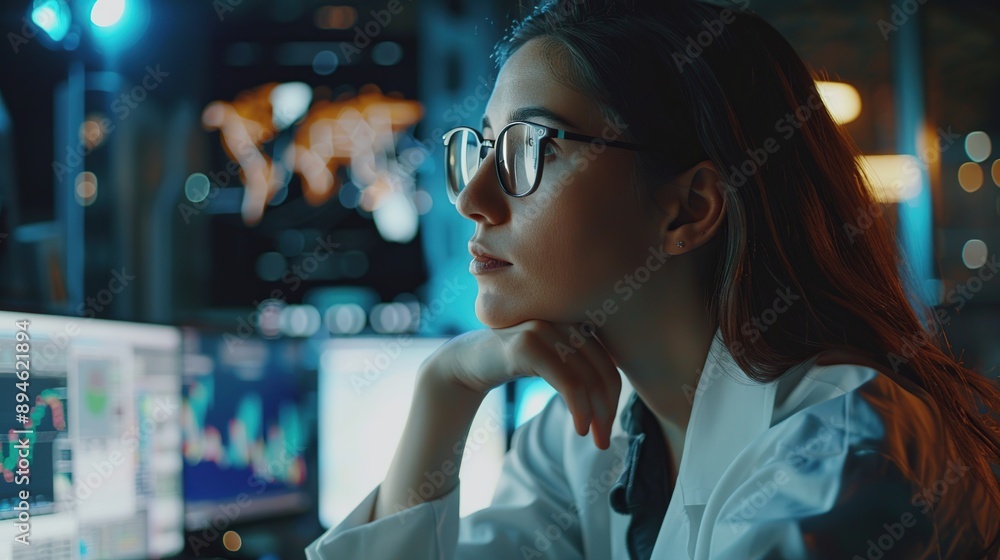 Woman wearing glasses looking at computer screen with multiple monitors displaying candlestick charts for data analysis, stock market and finance concepts Woman wearing glasses looking at computer screen with multiple monitors displaying candlestick charts for data analysis, stock market and finance concepts