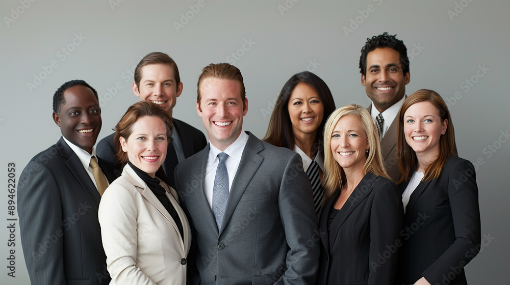 Group of business people smiling and looking at camera over grey background. Group of business people smiling and looking at camera over grey background.