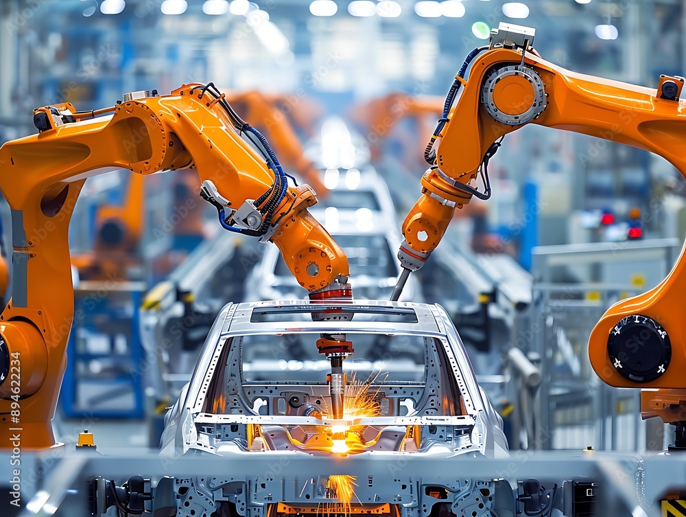 Robotic arms with metal line. factory industry. robotic industry. Robotic arms with metal line. factory industry. robotic industry.