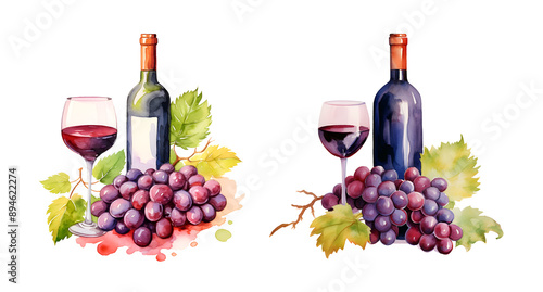 Bottle and glass of red wine with grapes, watercolor clipart illustration with isolated background.