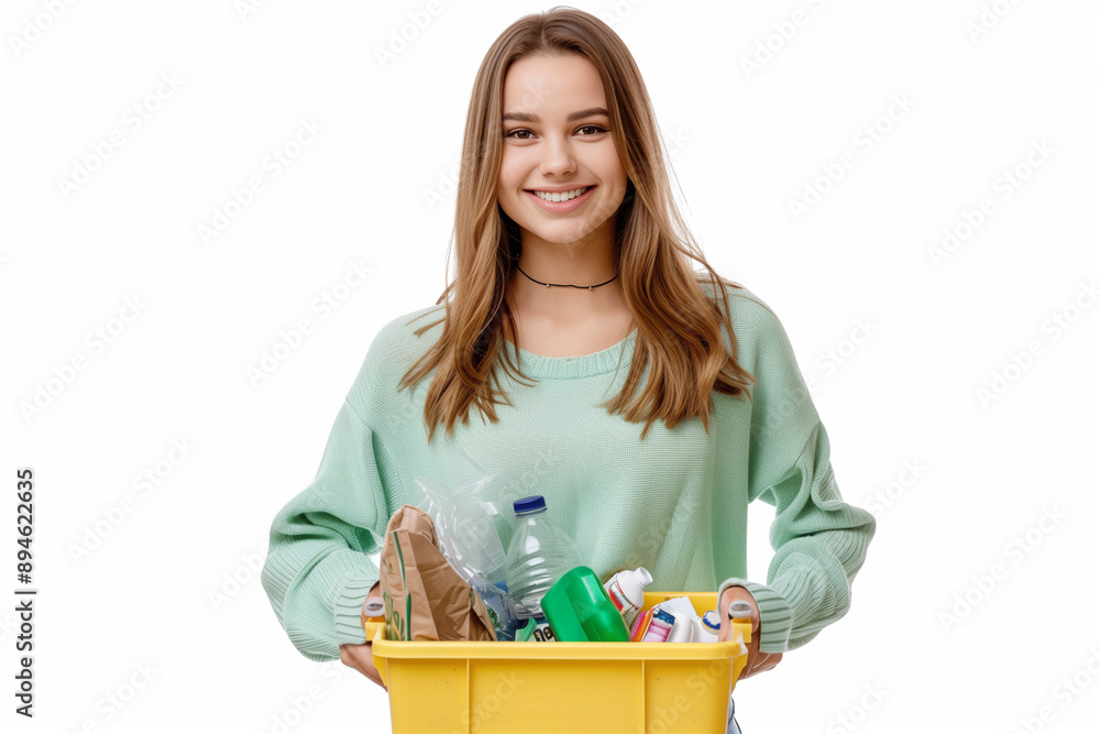 Woman smiling while holding a yellow recycling bin willed with waste. Generative AI. Woman smiling while holding a yellow recycling bin willed with waste. Generative AI.
