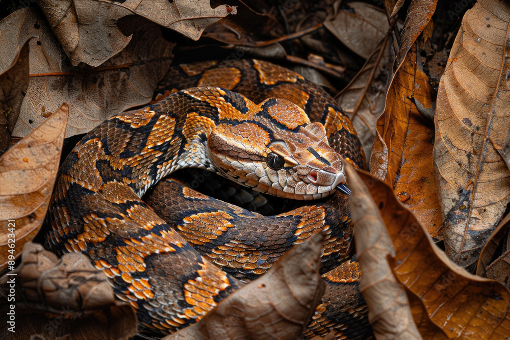 A rare, vividly patterned Gaboon viper coiled in the underbrush of a dense tropical forest A rare, vividly patterned Gaboon viper coiled in the underbrush of a dense tropical forest