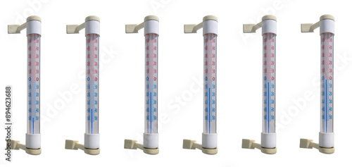 A thermometer that attaches to the window glass indicating cold temperatures. On isolated transparent background.